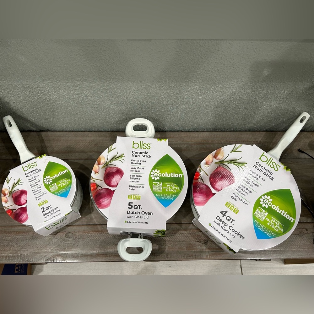 Brand New RARE SET of 3 BLISS CERAMIC Non-Stick Cookware